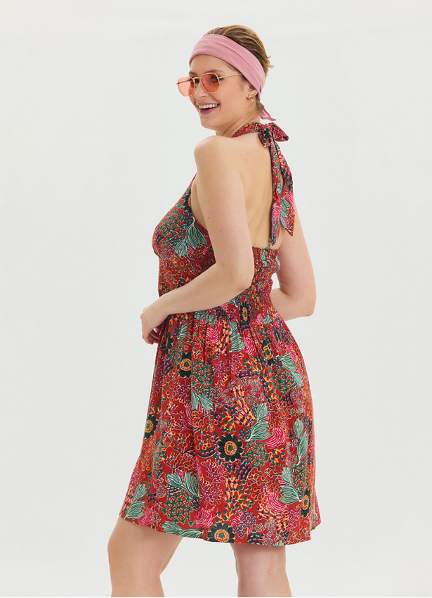 V Neck Halter Neck Red Floral Dress 4544